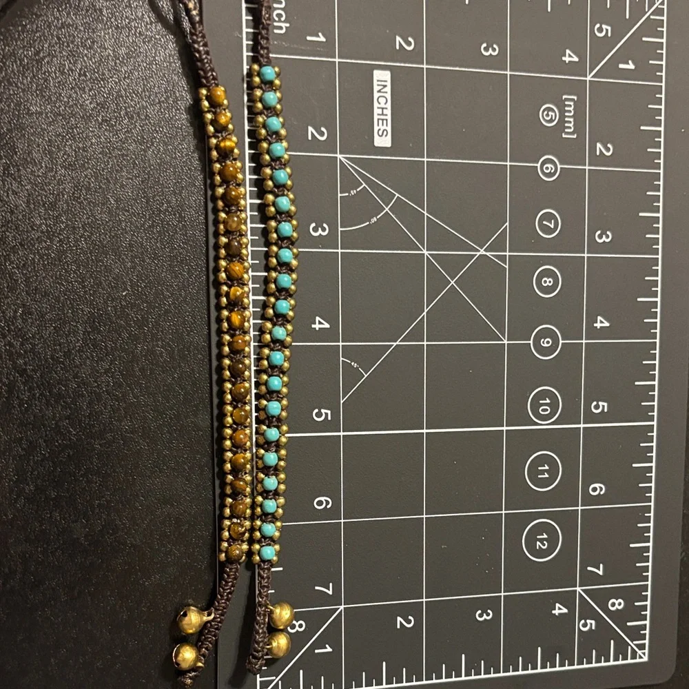 Turquoise and Tiger eye with brass beads‎ and bells woven braided bracelets